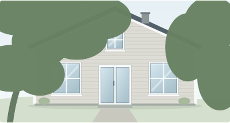 A house photo with trees blocking the windows